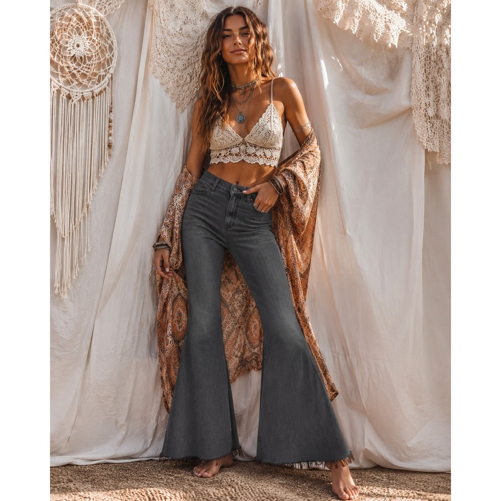 Free People Festival Hippie Bohemian Big Flare Jeans Charcoal 33x29‎ Size 30